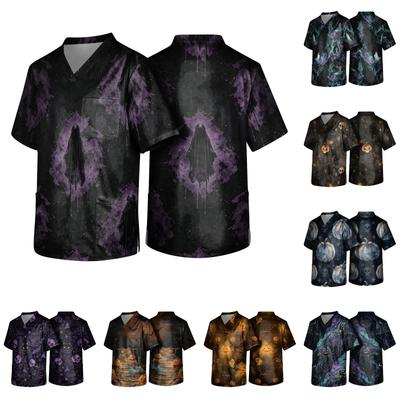 Men's Halloween Print Medical Scrub Top V Neck with Tie Pocket Comfortable Fit Daily Workwear for Healthcare Professionals