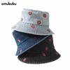 Hat Female Versatile Wide Brim Round Face Showing Face Small Shading Denim Bucket Hat Embroidered Strawberry Pattern Basin Hat Tide