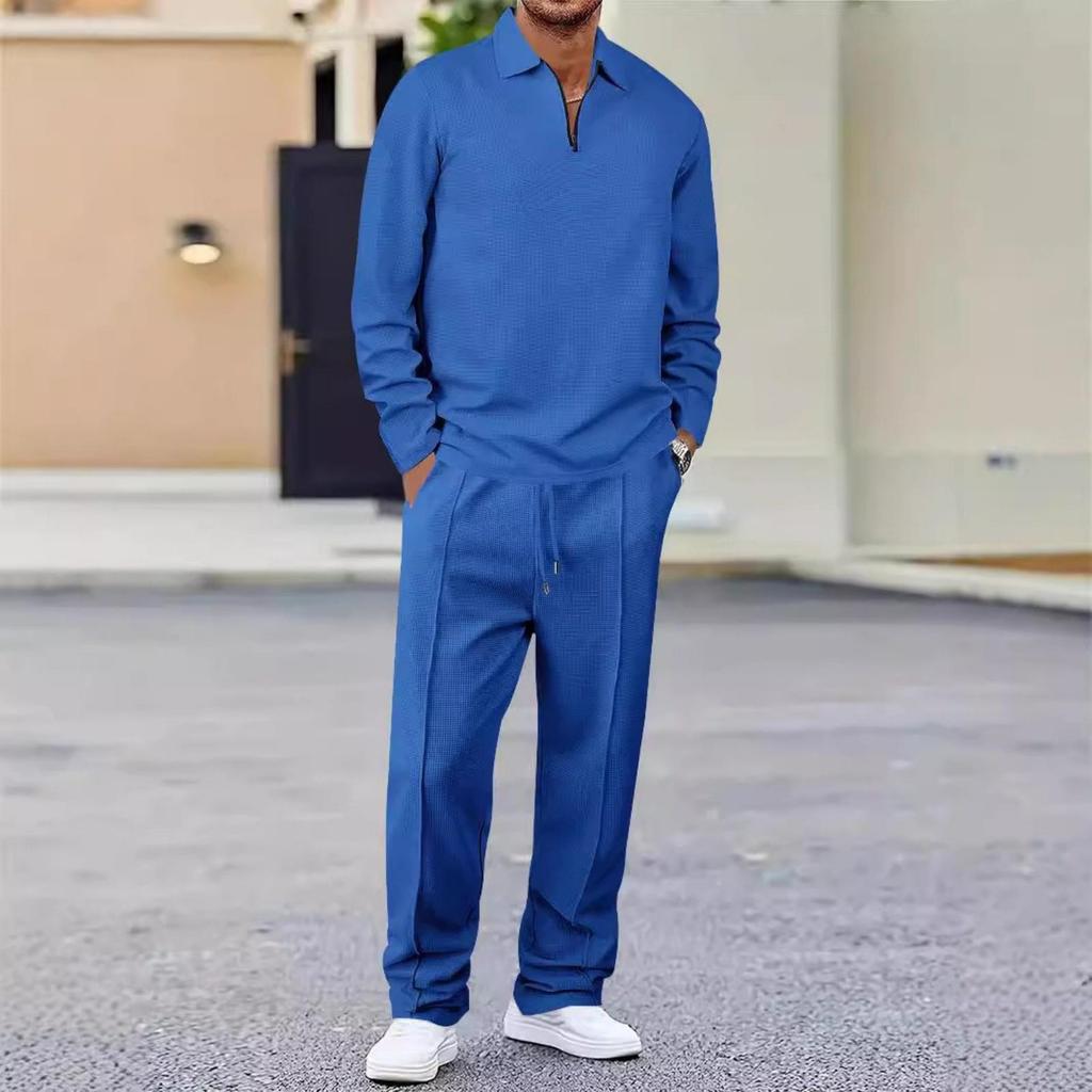 Set Sportivo Casual da Uomo Monocolore, Camicia a Maniche Lunghe a Righe, Top con Scollo Quadrato e Mezza Zip, Set Pantaloni con Coulisse