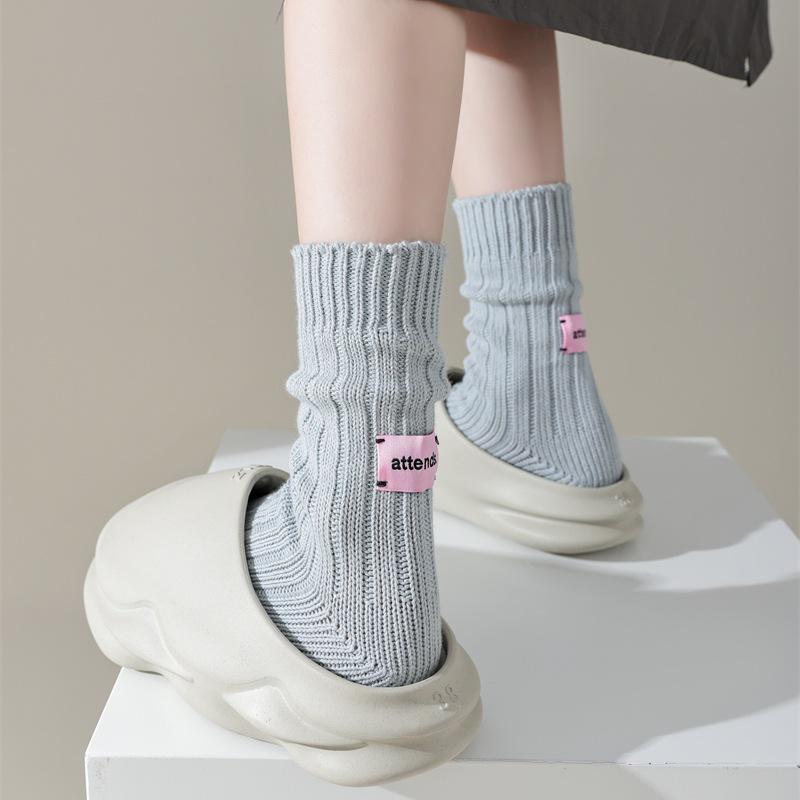 Japanese Pink Label Chunky Knit Mid-Calf Socks - Unisex Solid Color Raw Cotton