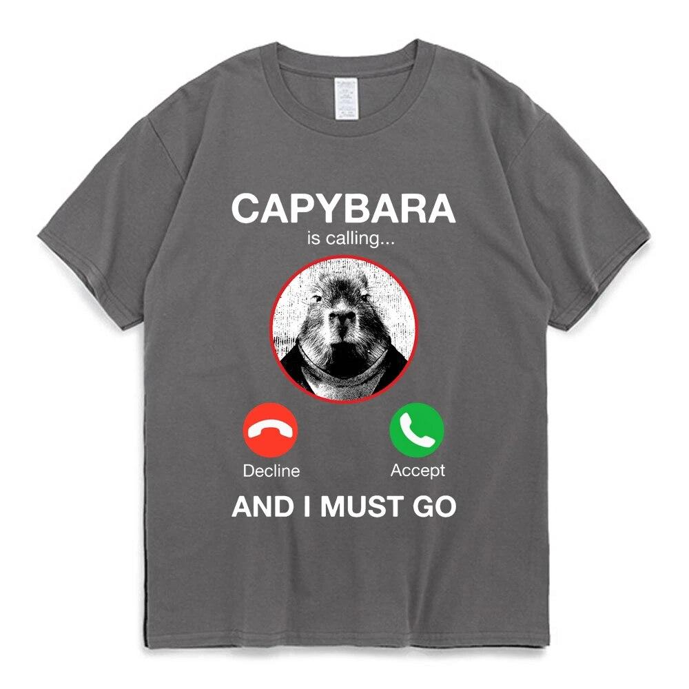 Capybara Is Calling and I Must Go T Shirt Phone Graphic T-shirts Unisex Women Clothing 100% Cotton Short Sleeves Oversized Tees