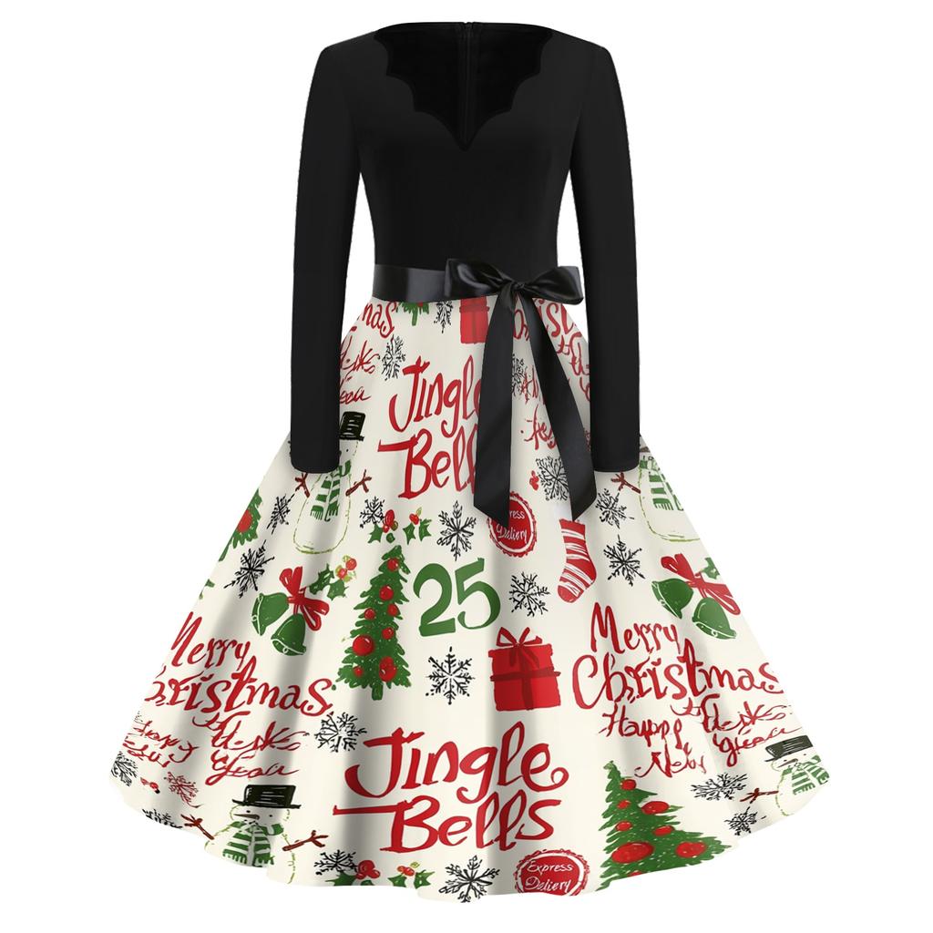 Women's Casual Vintage V-Neck Dress with Christmas Snowflake and Tree Print for Holiday Parties