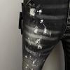 New D2 Trendy Men's Washed Grinding Holes Patch Paint Slim Small Feet Black Jeans Men's Fried Street