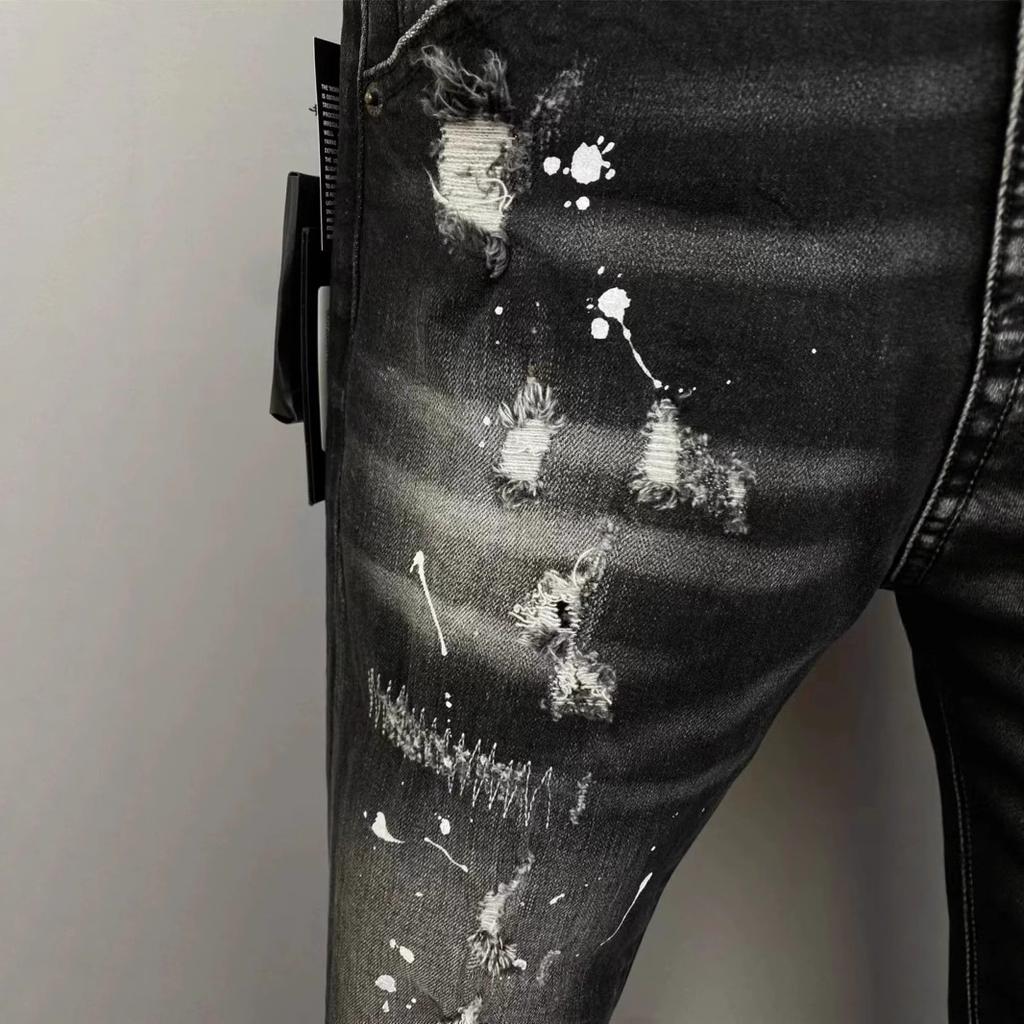 New D2 Trendy Men's Washed Grinding Holes Patch Paint Slim Small Feet Black Jeans Men's Fried Street
