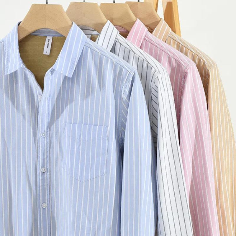 Winter Warm Men Tops Daily Casual Long Sleeve Striped Shirts for Men Pure Cotton Men Clothing Lapel Collar Fleece Shirt with Pocket