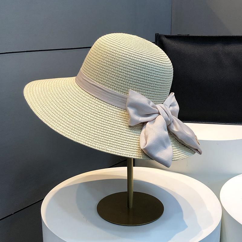 Women's Wide-Brimmed Straw Sun Hat, Summer Beach Hat with Bow, Breathable Foldable, Vacation Accessory