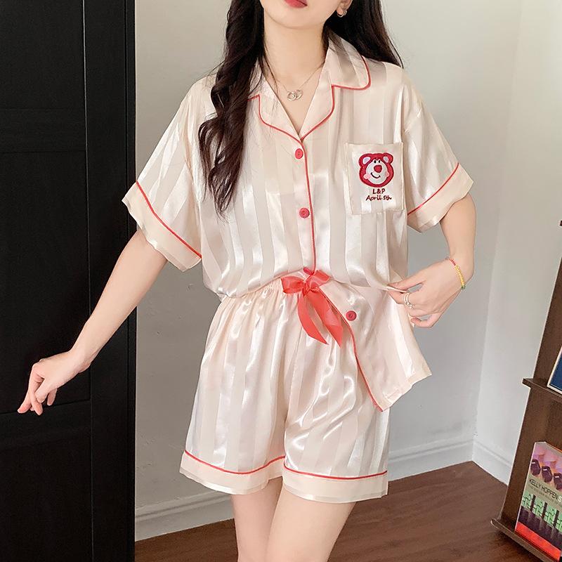 Light Luxury Sweet Strawberry Bear Cartoon Pattern Cute Summer Short Sleeve Shorts Set Loungewear