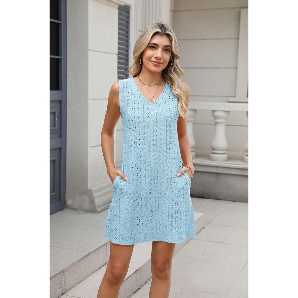 New Women's Solid Color V-neck Palace Lace Casual Pocket Summer Dress for Cross-border Europe America