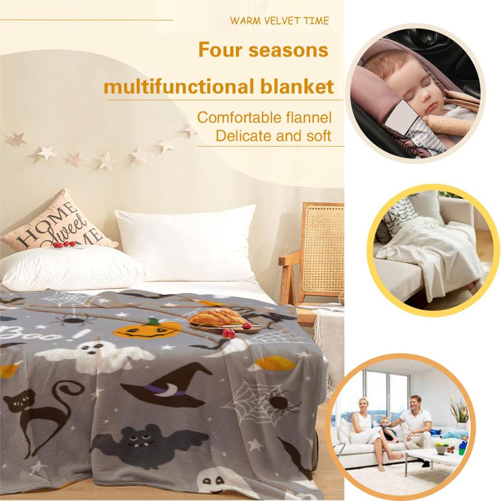 Halloween Blanket Grey Flannel Soft Comfortable Lightweight Blanket Sofa Cartoon Halloween Themed Decoration