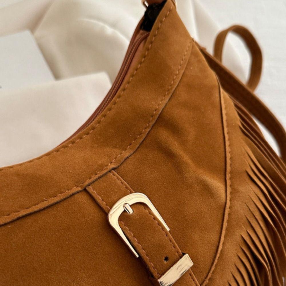 Korean Style Tassel Shoulder Bag Solid Color Underarm Packs Cute Suede Handbag  Outdoor