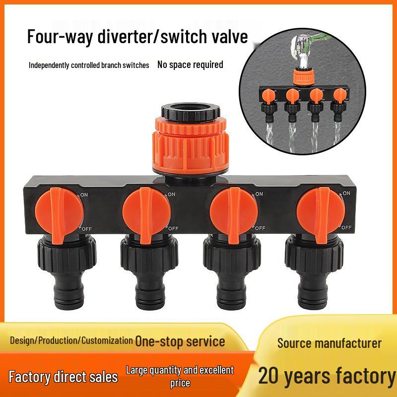 Four-Way Garden Hose Splitter with Switch Valve - Outdoor Water Pipe Connector