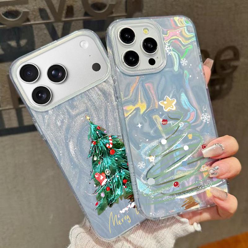 Cartoon Christmas Tree Pattern Phone Case For iPhone 17 Air 16e 16 15 14 Pro Max 13 17 Pro Max Shockproof TPU Hybrid Hard PC Phone Cover
