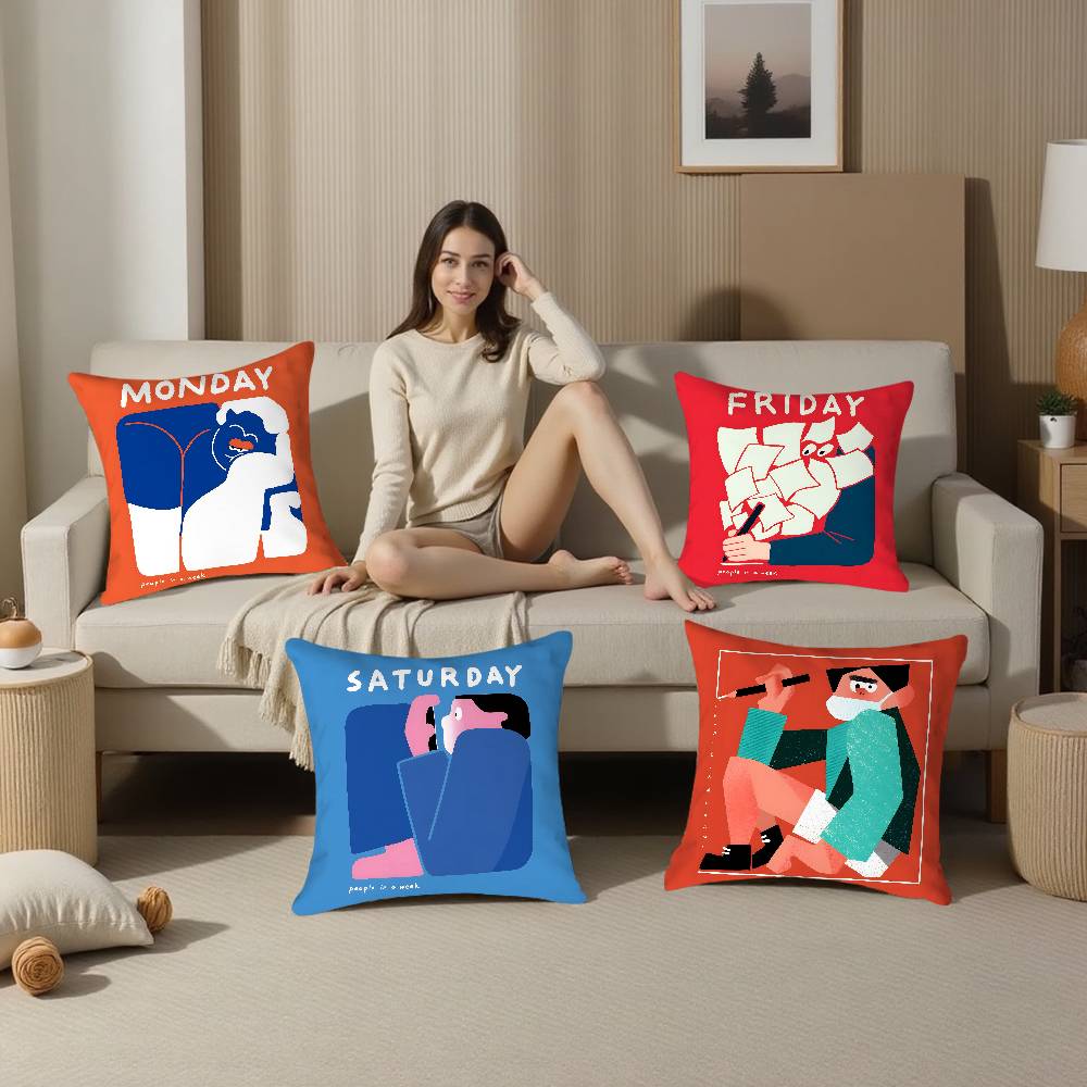 Home Decor Weekday People Illustration Print Pillowcase Pattern Cushion Cover Suitable for Sofa Bedroom Car Pillow Cover