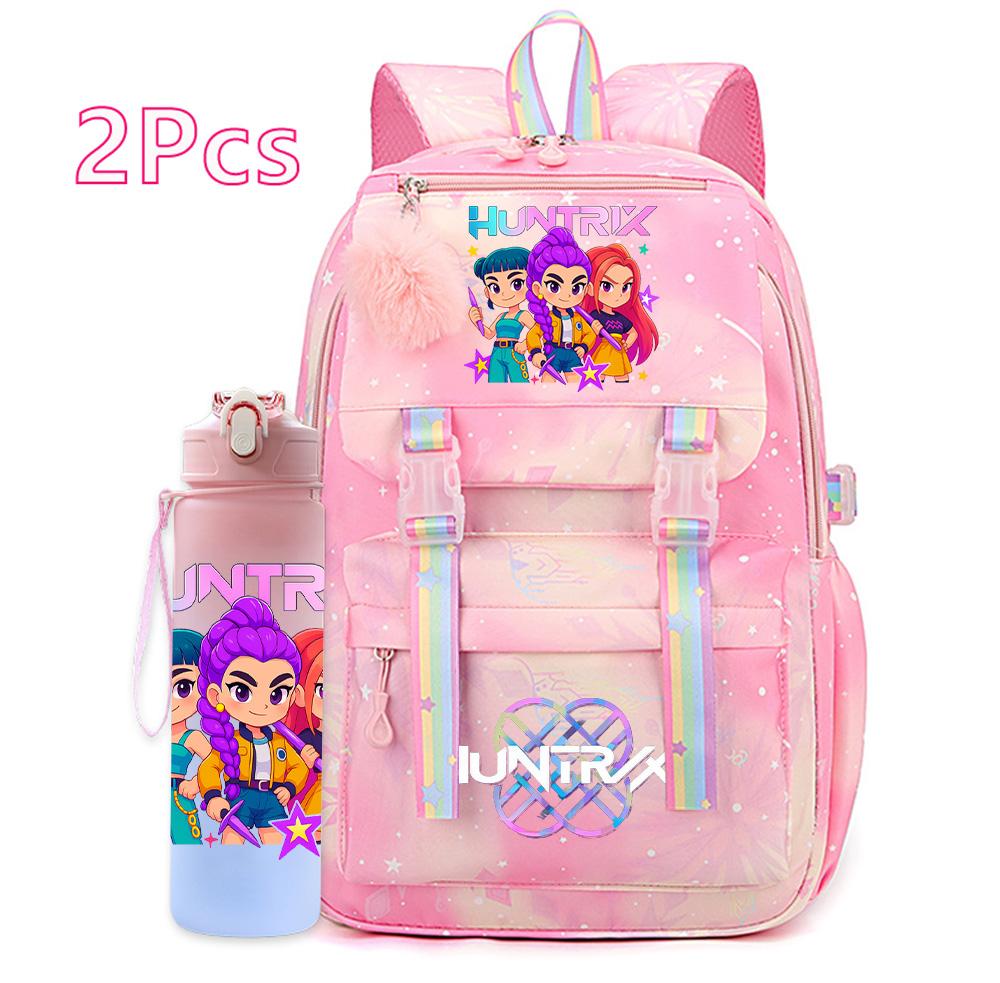 2Pcs/set Anime K-pop Printed Backpack with 750Ml Water Bottler Large Capacity Travel Bag for Teenager Girl Boy Bookbag Kid Gift Large Capacity Bag