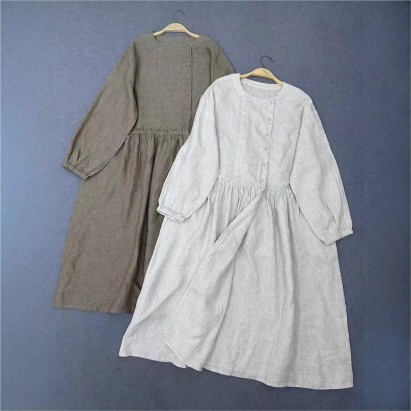 Johnature Spring Autumn Round Neck Ruffled Dress For Women Loose Casual Vintage Dress For Women