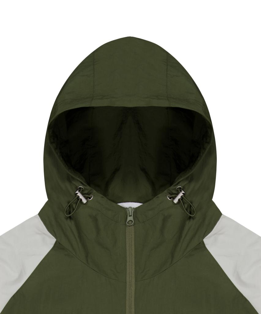STANDARDERROR 87-Stan267 Nylon Shoulder Track Color Block Curved Hood Windbreaker Khaki