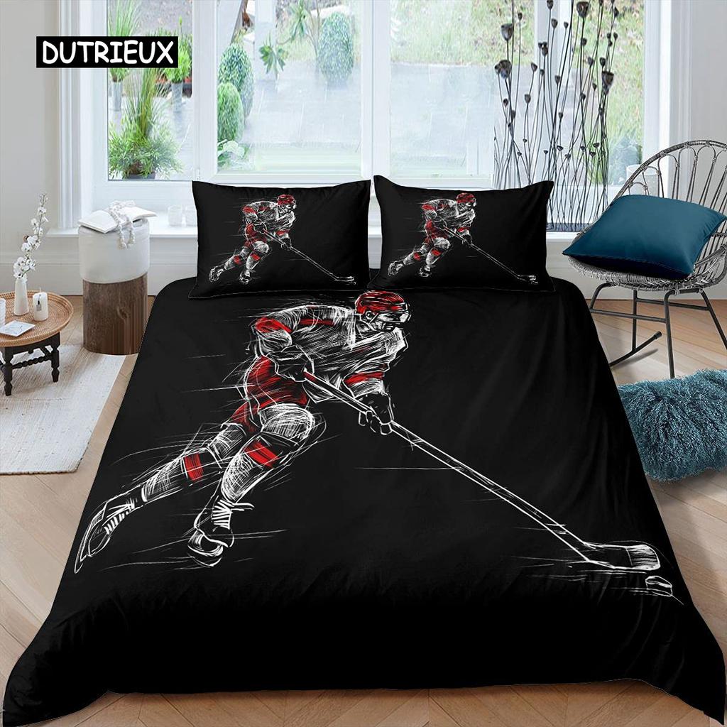 Ice Hockey Duvet Cover Set Boys Puck King Size Sports Games Theme Bedding Set for Kids Youth Adult Men Winter Match Quilt Cover