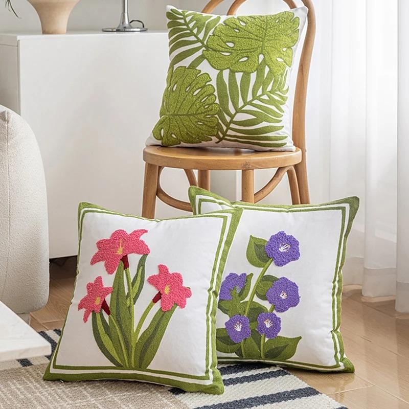 Cotton Canvas Floral Embroidery Cushion Cover American Countryside Outdoor Pillow Covers Decorative Living Room Throw Pillowcase
