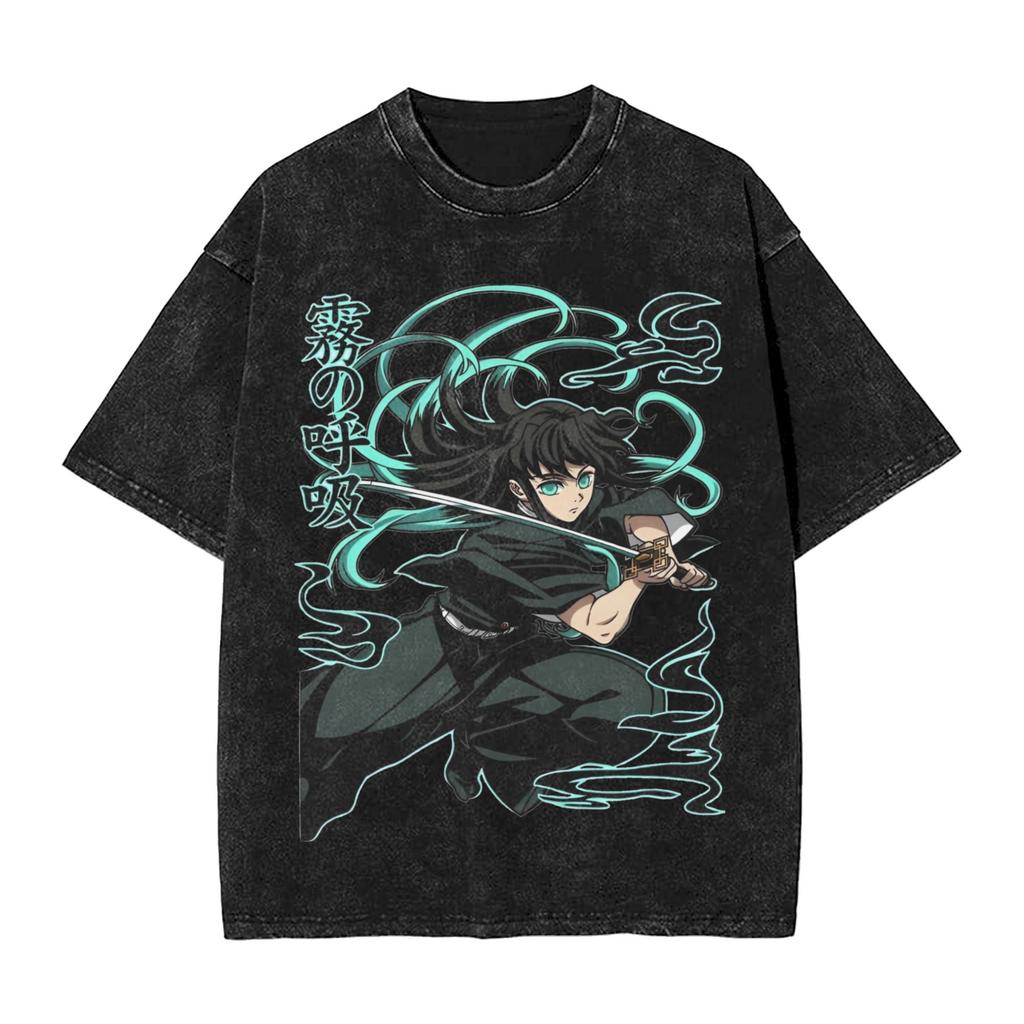 Demon Slayer Tokito Muichiro Mist Breathing Printed Tshirt Mens and Womens Washed Tshirt High Quality Vintage Cotton Tshirt