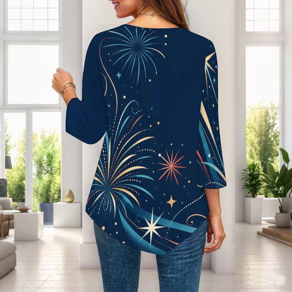 Womens Plus Size Loose Three Quarter Sleeve Blouse Pointed Hem Stylish Casual Top For Ladies Daily Outfit