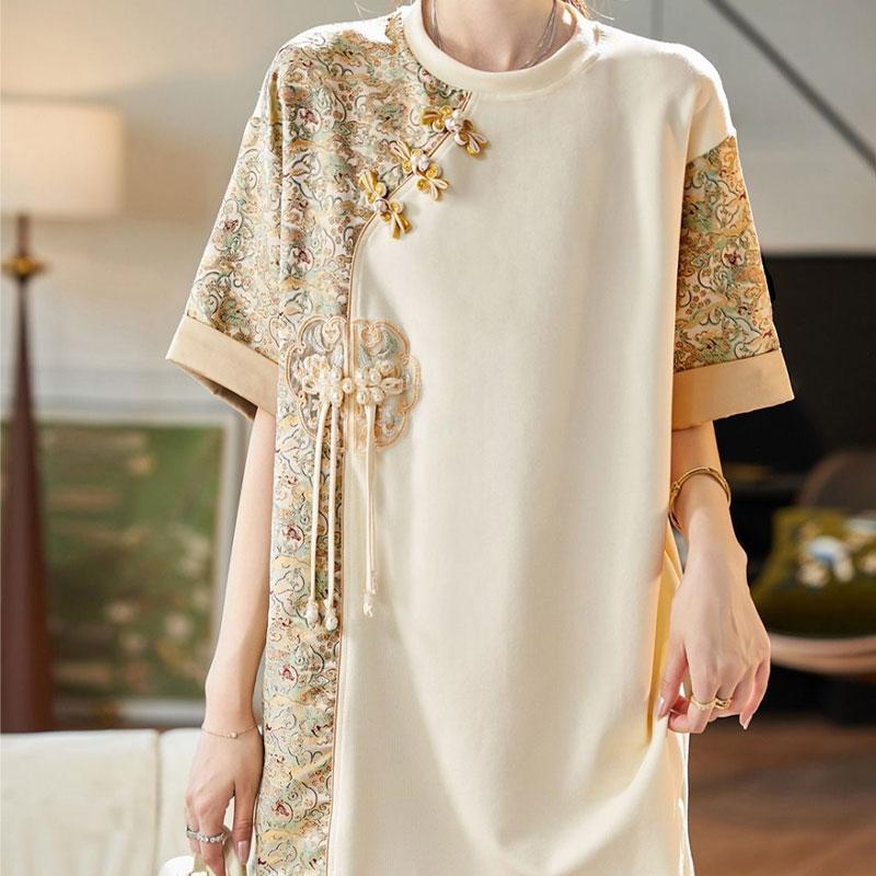 Chinese Style Spliced Short-sleeved T-shirt Women 2025 Summer New Base Shirt New Button Mid-length Casual Top