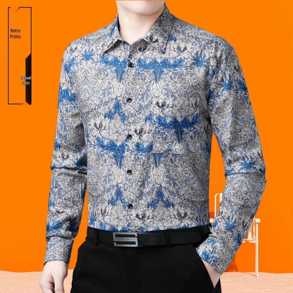 Spring & Autumn Men's Plus Size Printed Cotton Linen Shirt - Business Casual, Long Sleeve.