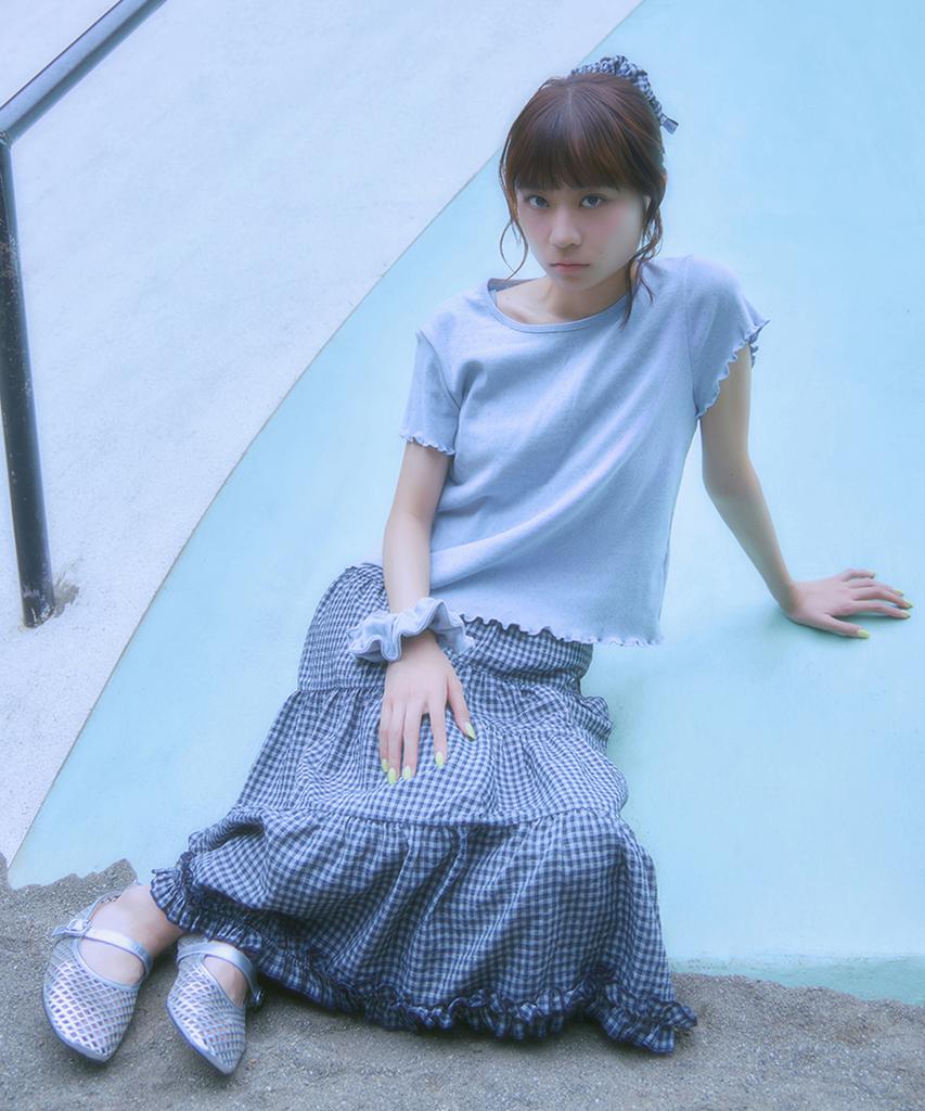 Moyora Frill Tiered Flare Check Long Skirt [White & Navy]