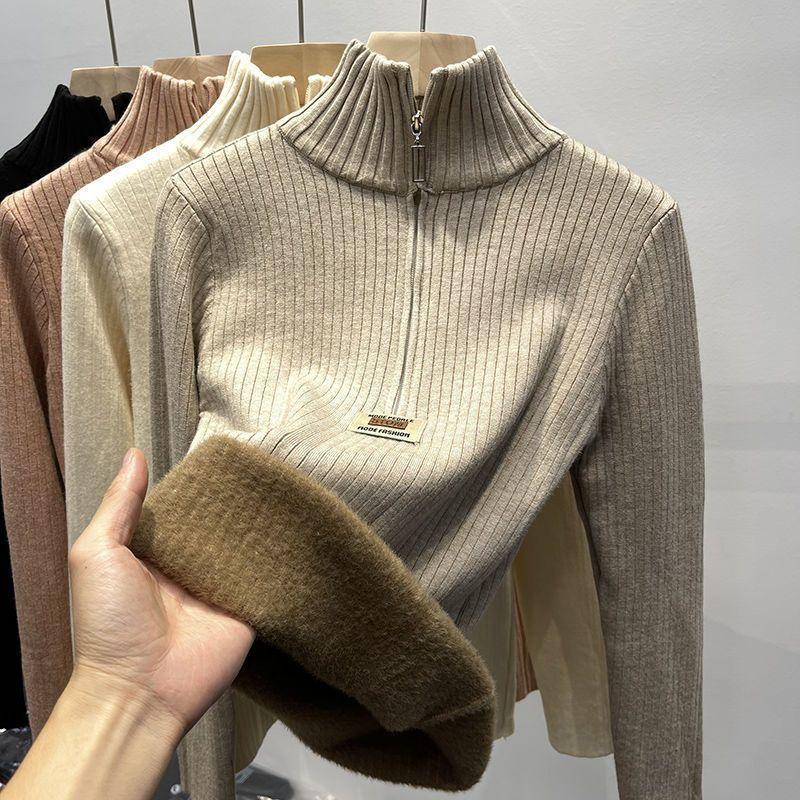 Neues integriertes Samt plus Samt verdicktes vielseitiges Basic-Shirt für Damen mit halbem Rollkragen, innerer Pullover