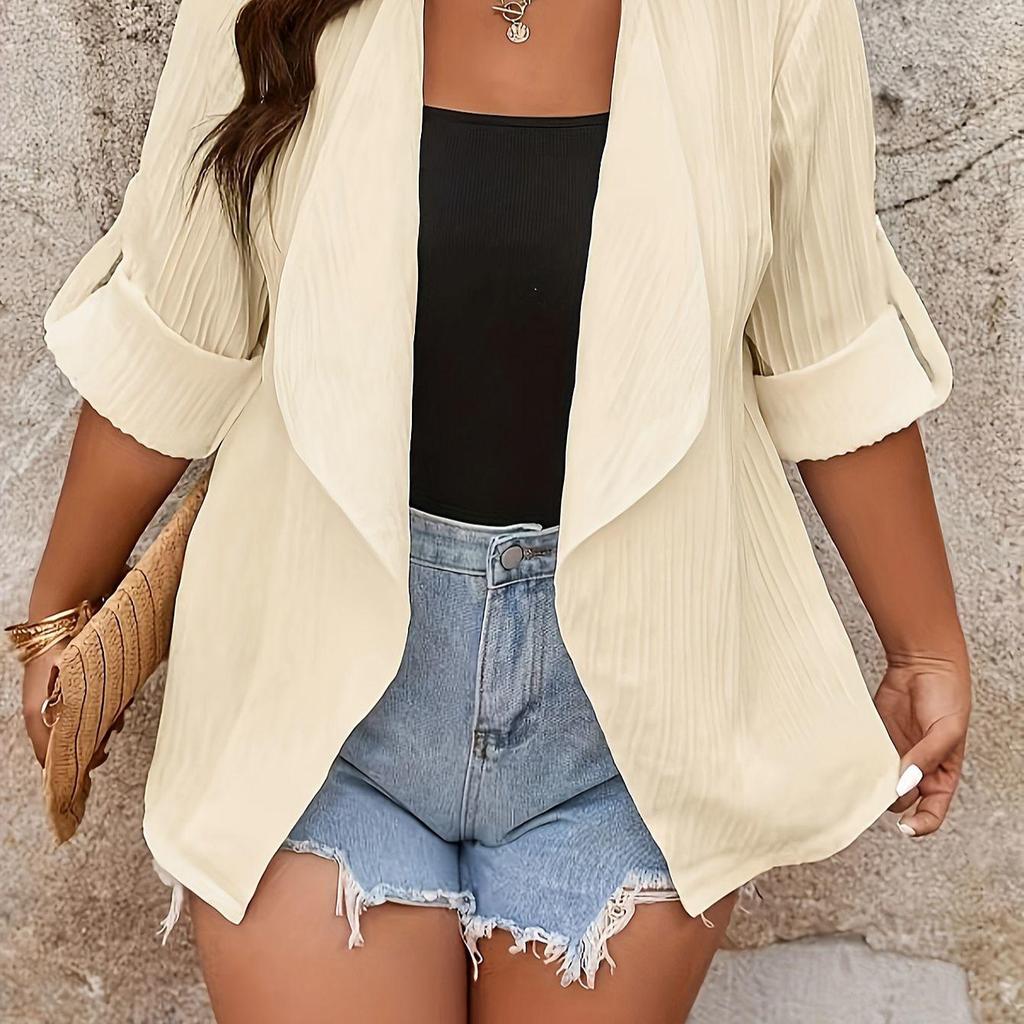 Plus Size Textured Lapel Cardigan Jacket with Folded Cuffs