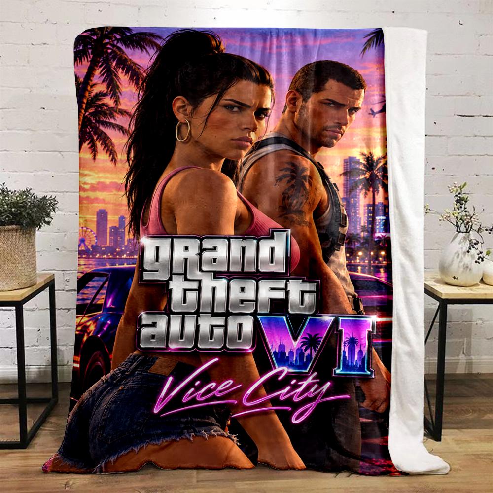GTA VI Vice City Two Protagonists Sunset Neon Gamers Warm Printed Blanket for Living Room Couch