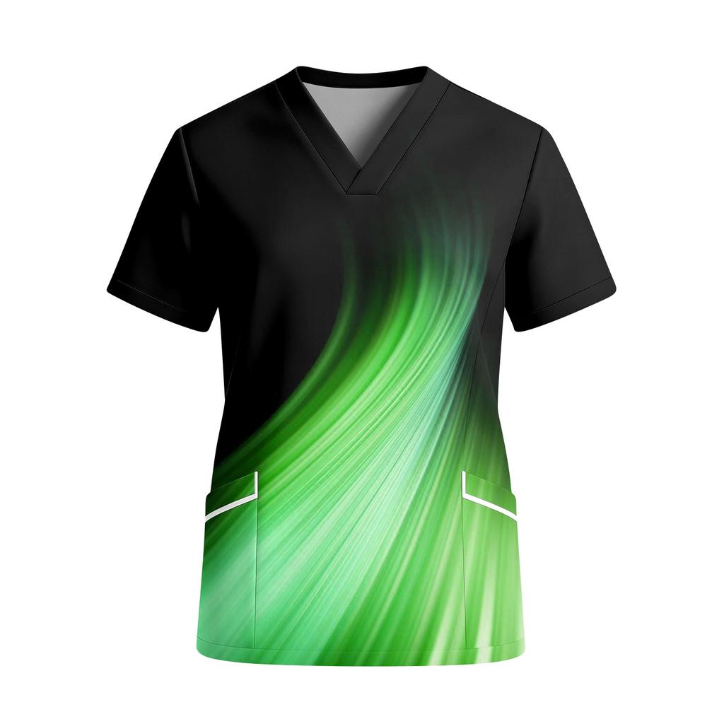 Women V Neck Short Sleeve Scrub Top with Pockets Printed Shirt for Healthcare Professionals Uniform