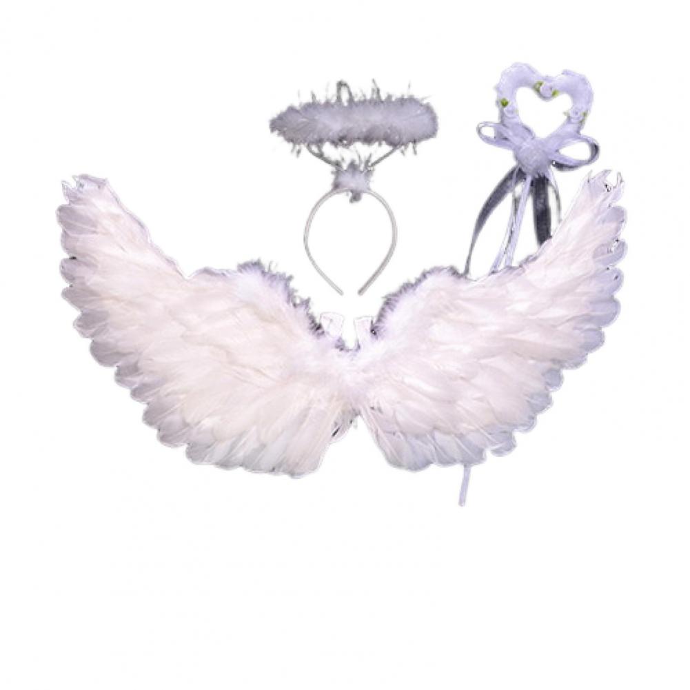 1 Set Cosplay Wings Set Feathered Angel Black Witch Wings Set With Headband Wand Halloween Role-playing Kids Angel Wings Outfit