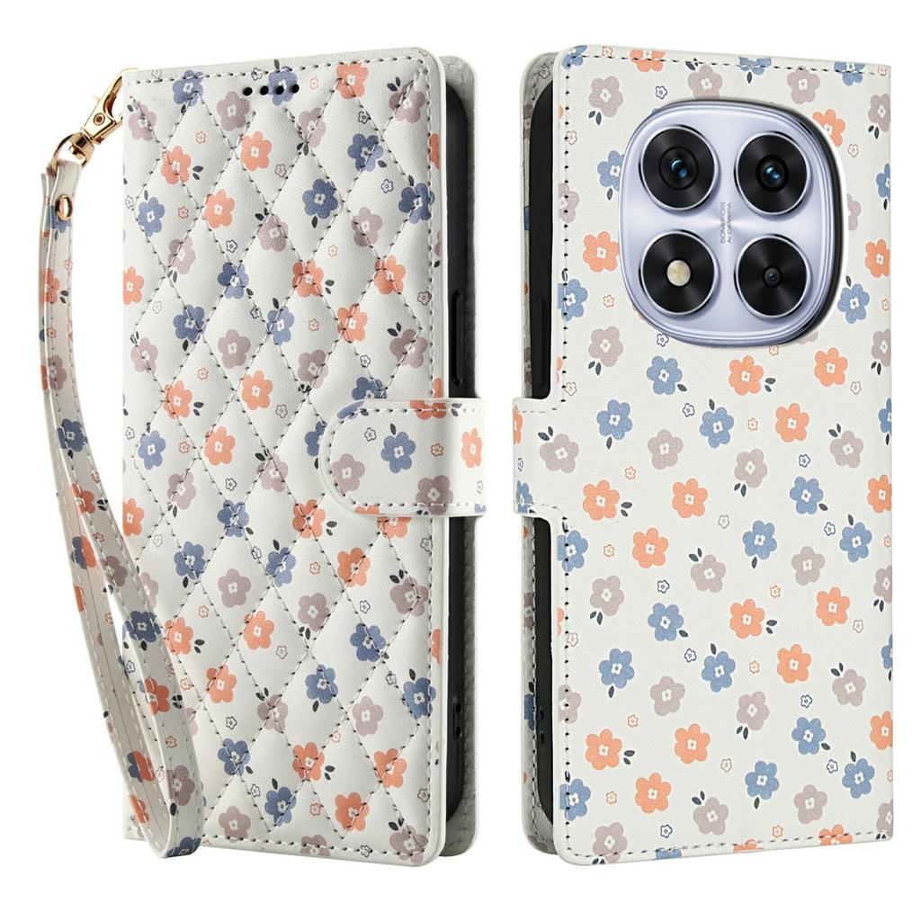 Brieftaschentasche für Xiaomi Redmi Note 14 Pro 5G/14 Pro+ 5G/Poco X7 5G Rauten-Blumenmuster Leder Klapphandyhülle mit Riemen