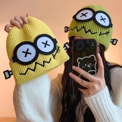 Autumn and Winter Wacky Cute Cartoon Big Eyes Pattern Knitted Mao Line Hat Women Candy Color Keep Warm Ear Protection Knitted Hat