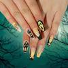 Matte Black French Style Halloween Press-On Nails with Skull & Spider Web Art