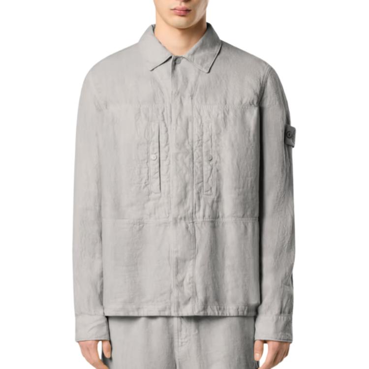 STONE ISLAND Solid Color Button Long Sleeve Shirt Men Shirts Gray White K1S151200010S00F8-V0064
