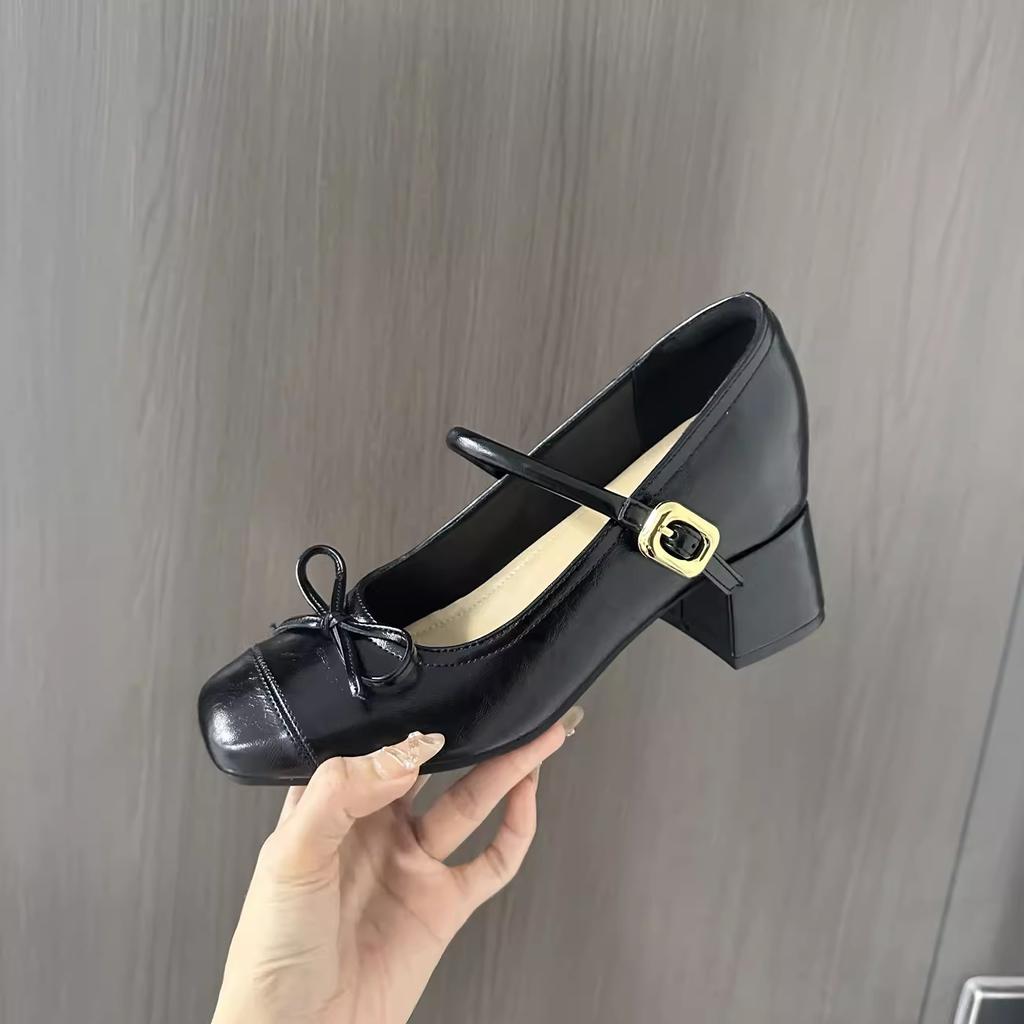 Mary Jane argentées à talon épais plus rehausse intérieure 8cm nouveau tempérament navettage mot avec bout carré rond nœud talons hauts