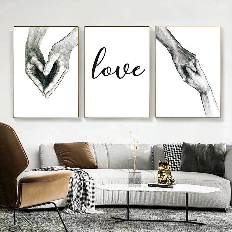 Black and White Love Holding Hands Canvas Painting Wall Art Pictures Nordic Posters and Prints Living Room Corridor Home Decor