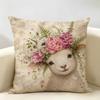 Sheep Lamb Bohemian Flowers Cushion Cover Durable Hypoallergenic Organic Linen Pillow Cover Short Size Washable Skin-Friendly