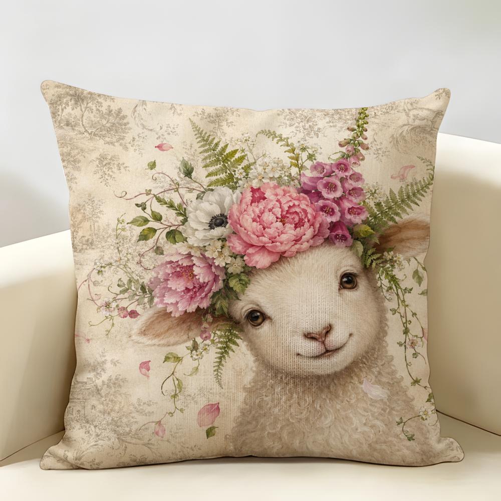 Sheep Lamb Bohemian Flowers Cushion Cover Durable Hypoallergenic Organic Linen Pillow Cover Short Size Washable Skin-Friendly