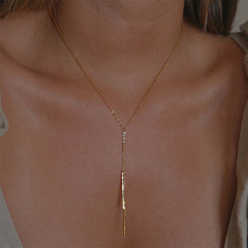 

Fashion Copper Color Cylindrical Pendant Necklace For Women Simple Metal Y-shaped Long Tassel Chain Necklace Zircon Gifts
