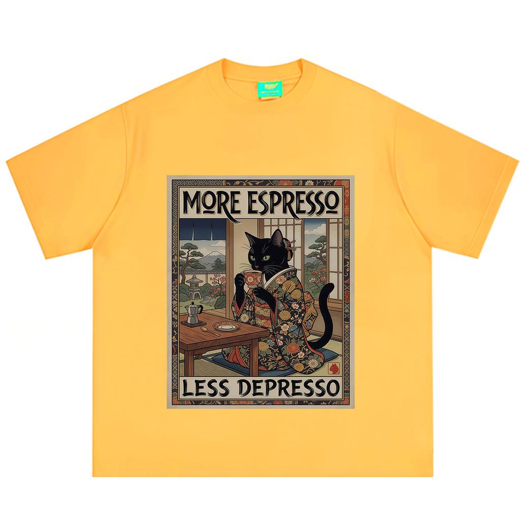 More Espresso Less Depresso Japanese Funny Cat Meme Tshirt Unisex Unisex Vintage Fashion Tshirt Summer Loose Casual Cotton Tshirts