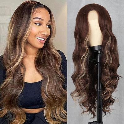Brown Mixed Blonde Color Long Wavy Wig Without Bangs Lace Front Daily Wear Synthetic Fiber Long Wavy Wig  for Women
