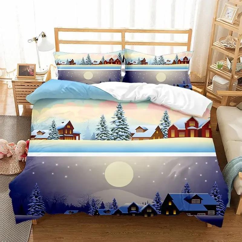 Comforter Christmas Snowflake Full Size Bedding Set Print Colorful Merry Christmas Gift Tree Microfiber Fabric 2/3Pcs Kids