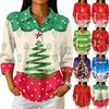 Women's Casual Christmas Print Button-Front 3/4 Sleeve Collared Blouse Top for Holiday Party