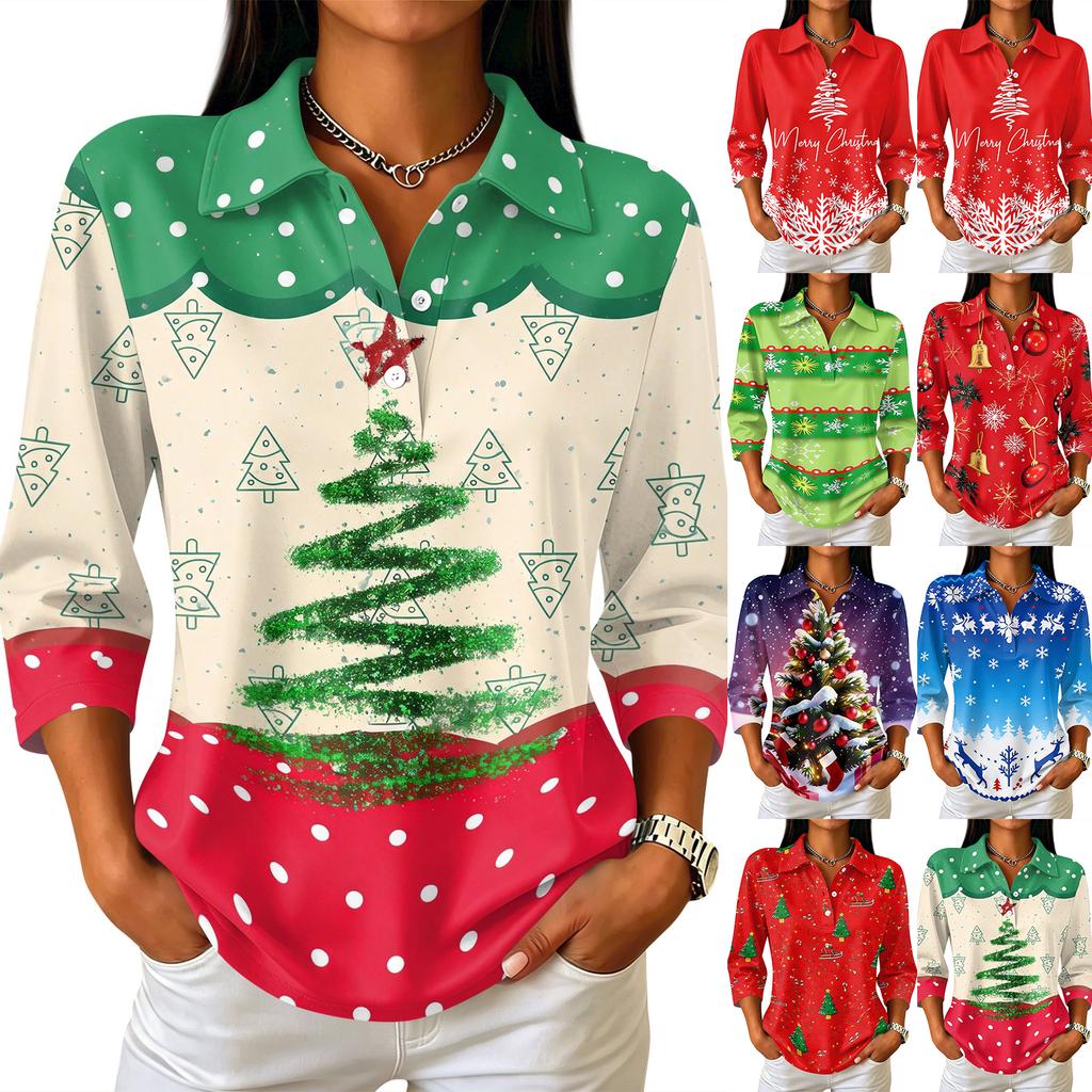 Women's Casual Christmas Print Button-Front 3/4 Sleeve Collared Blouse Top for Holiday Party