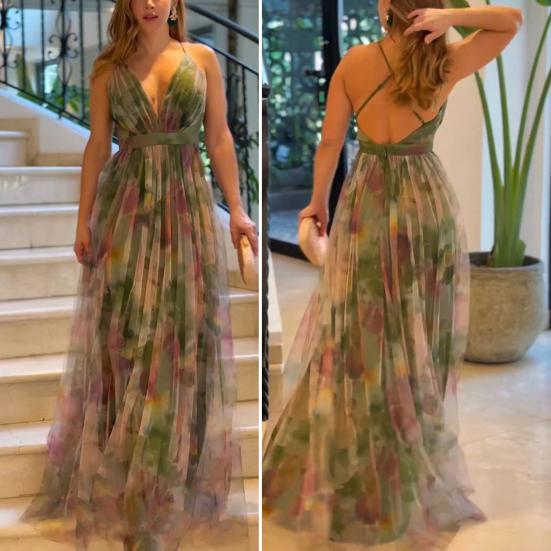 Women's Mesh Spaghetti Strap Maxi Dress Deep V Neck Backless Evening Dress Floral Printed Camisole