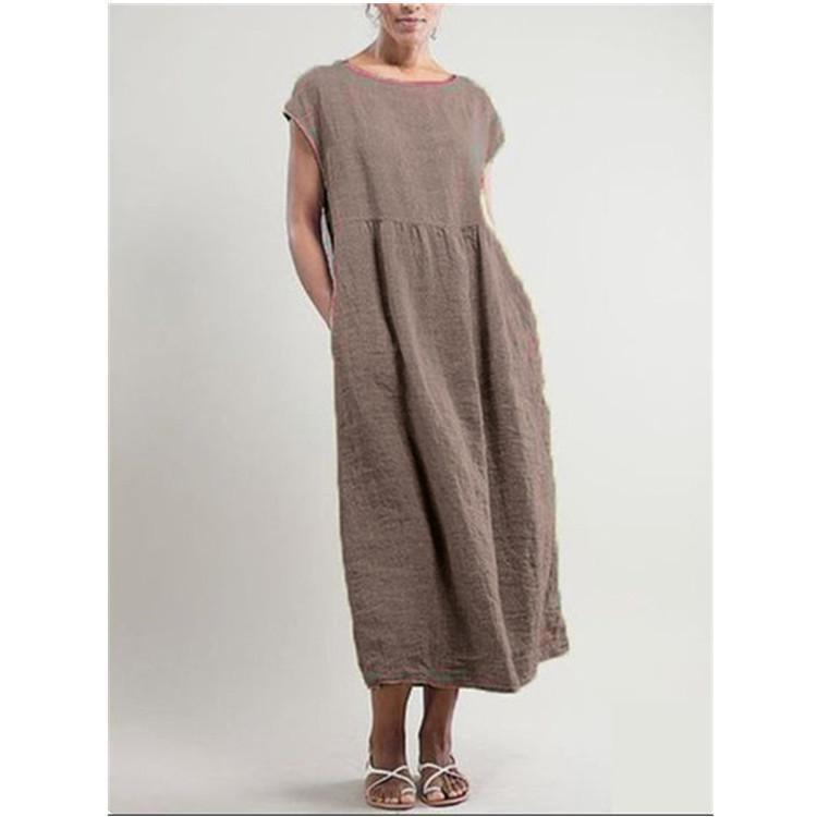 Summer Women Casual Loose Fit Sleeveless Cotton Linen Dress Solid Color Pocket