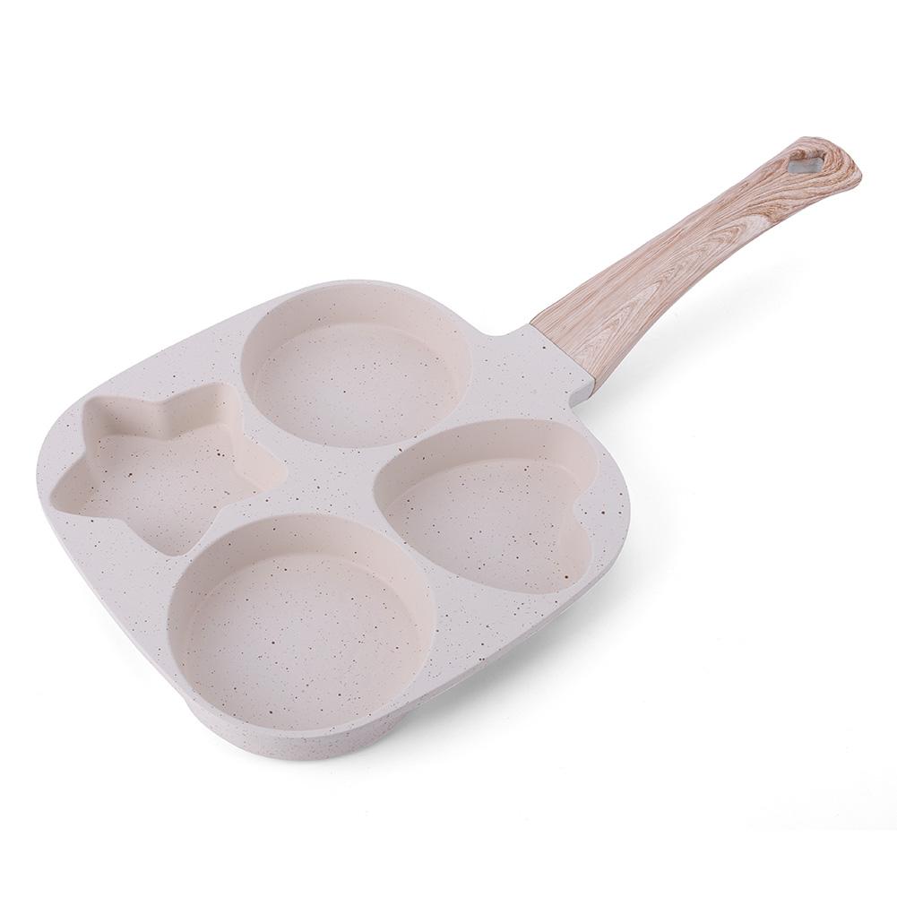 4 Hole Omelet Pan Egg Frying Pan Granite Coating Fried Egg Pan Wooden Handle Divided Egg Omelet Pan Multi-Function for Breakfast