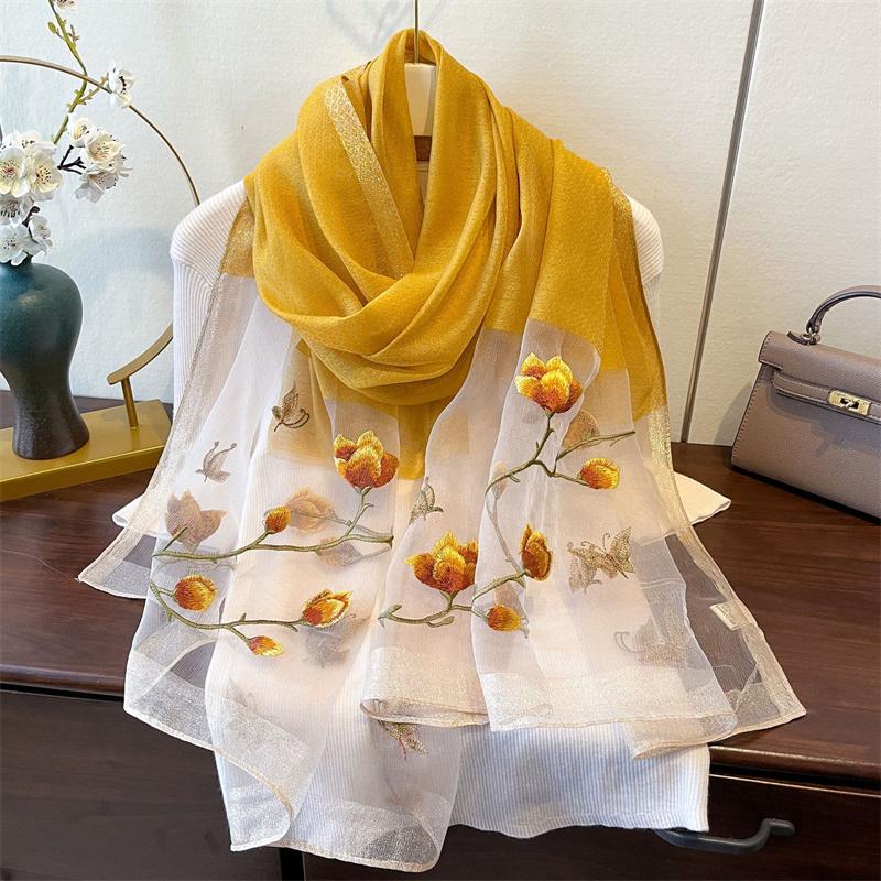 New Luxury Embroidered Silk Feeling Scarf For Women'S Silk Gold Border Scarf Elegant Decoration Embroidered Shawl For Lady